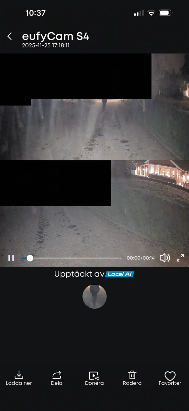 Eufy-appen: uppspelning av nattklipp från EufyCam S4, markerat som upptäckt av Local AI