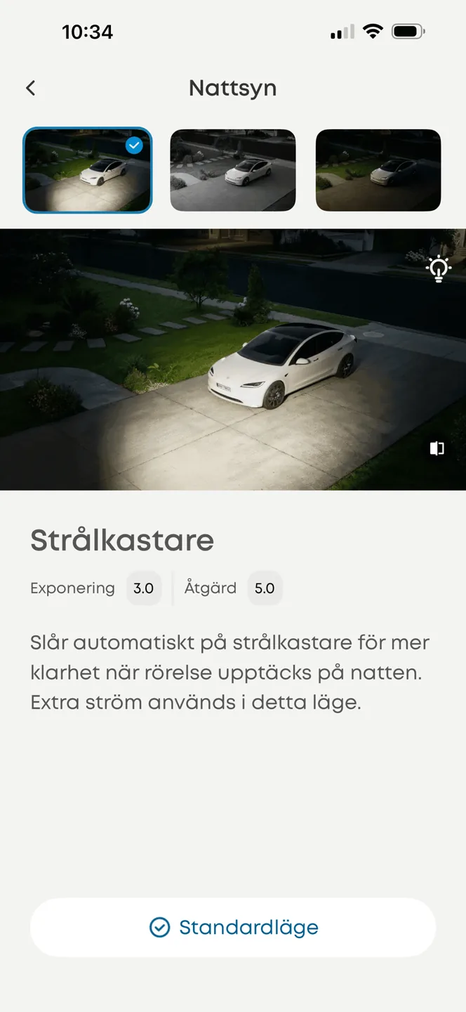 Eufy-appen: nattsyn med strålkastare för EufyCam S4, exempelbild på uppfart i mörker