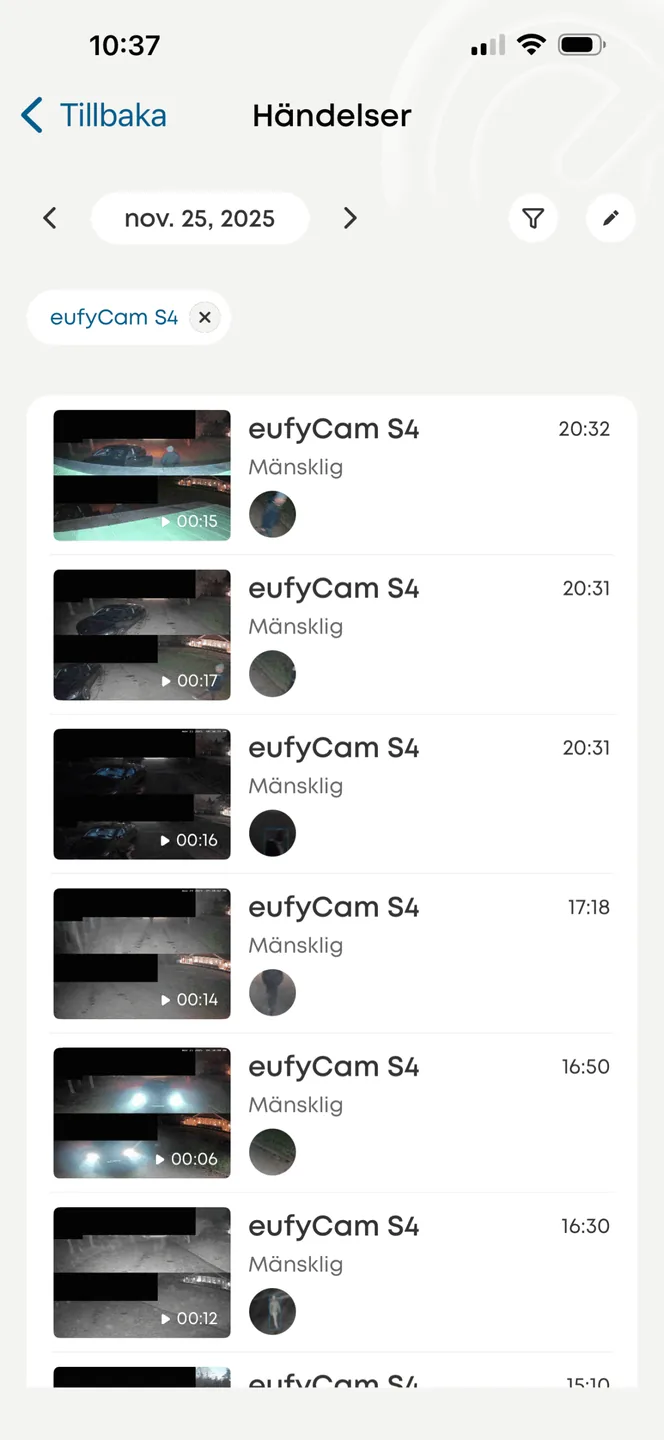 Eufy-appen: händelselista för EufyCam S4 med klipp märkta Mänsklig och tidpunkt