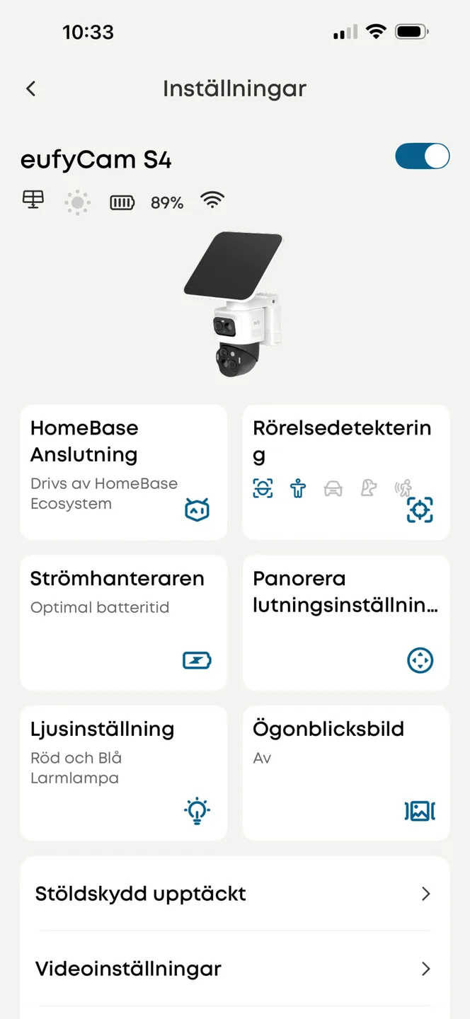 Eufy-appen: inställningssidan för EufyCam S4 med batterinivå, HomeBase-anslutning och rörelsedetektering
