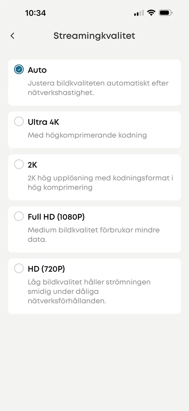 Eufy-appen: streamingkvalitet för livebild från EufyCam S4, auto, Ultra 4K, 2K, 1080p eller 720p