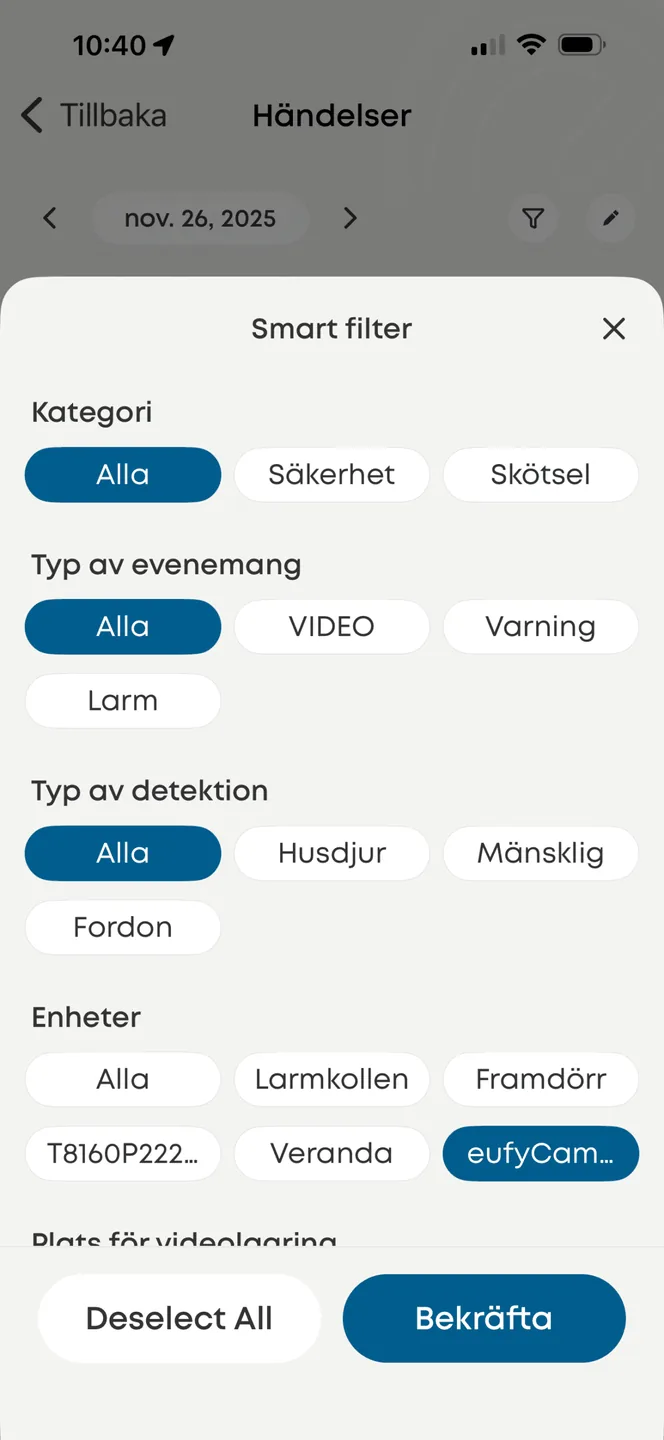 Eufy-appen: smart filter för händelser, filtrering på kategori, typ av detektion och enhet